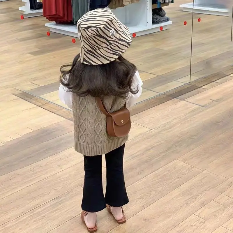 

Korean Children'S Clothing Spring And Summer New Girls' Western Style Puff Sleeve Shirt Casual Vest Bell-Bottom Pants Thre