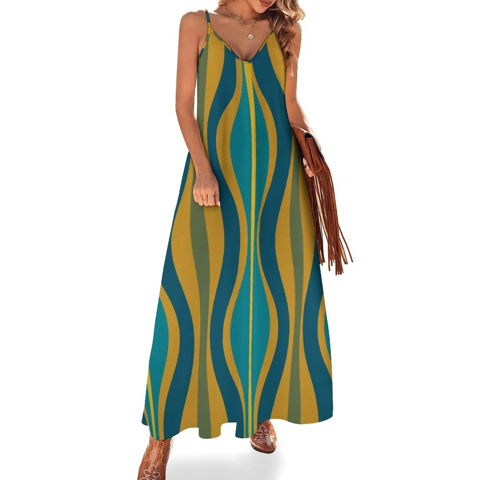 

Hourglass Mid-Century Modern Abstract Retro Pattern in Moroccan Blue, Green, Teal, and Mustard Sleeveless Dress Long dress woman
