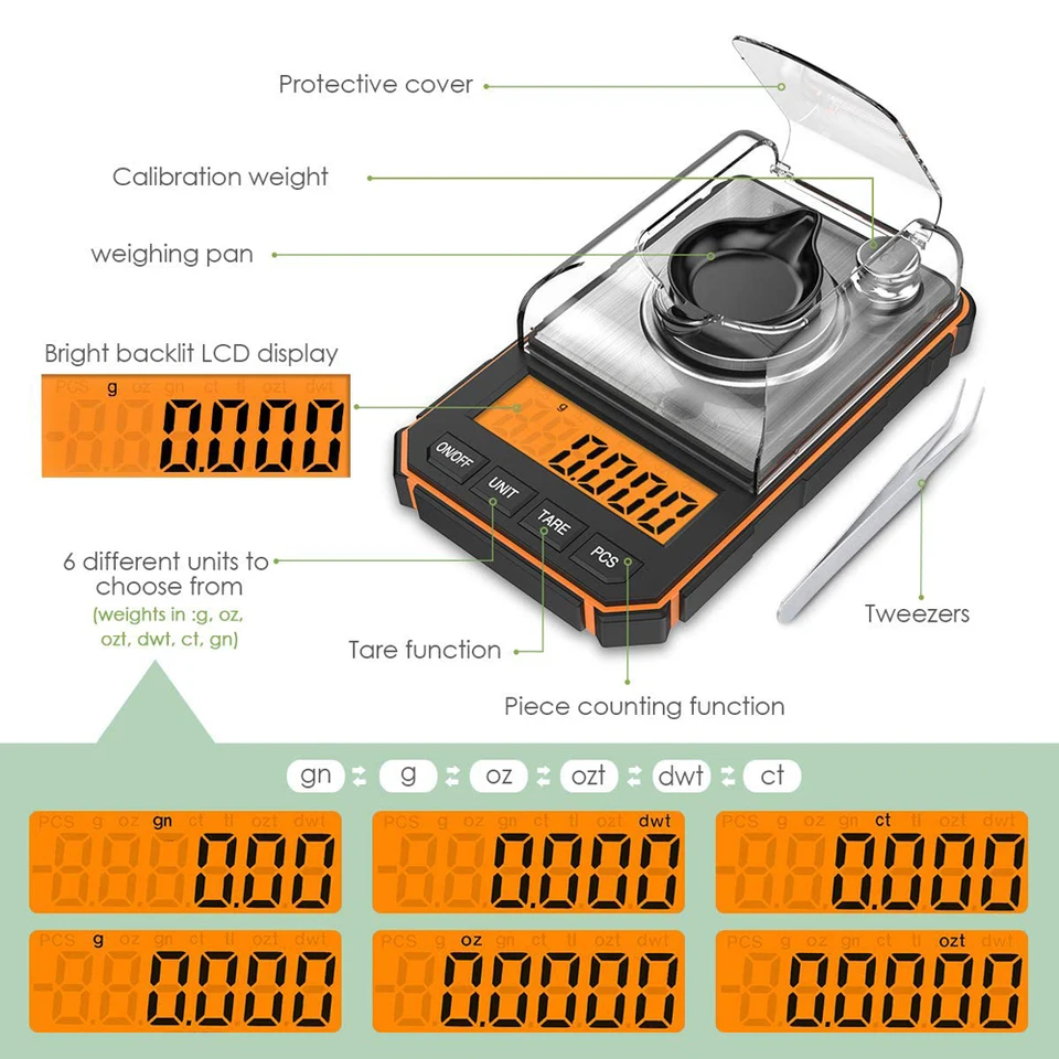 Digitale Taschenwaage mit 0,001 g Genauigkeit, 50 g Kalibriergewicht, Wägeschale und hintergrundbeleuchtetem LCD-Display_voghion.com