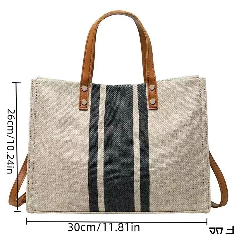 Women's Woven Crossbody Tote Bag Striped Simple Shoulder Bag Large Capacity Commuter Linen Tote Bag