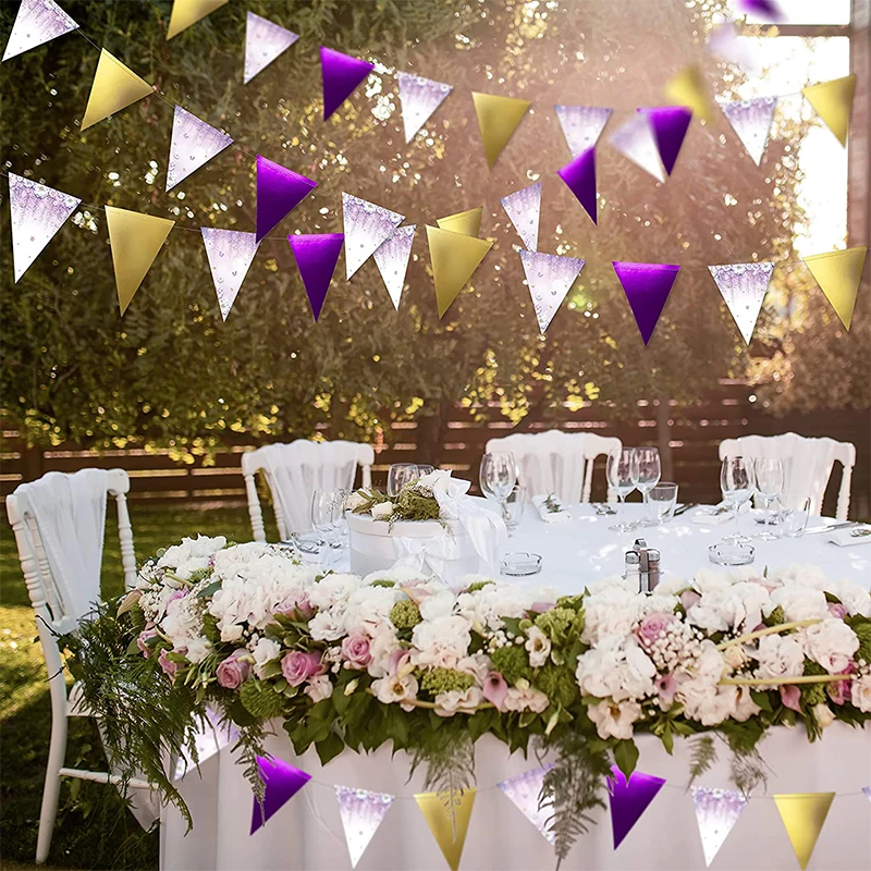 

Purple Gold Birthday Paper Triangle Flags Banner Decorations for Women Girls Party Hanging Garland for Birthday Wedding Supplies