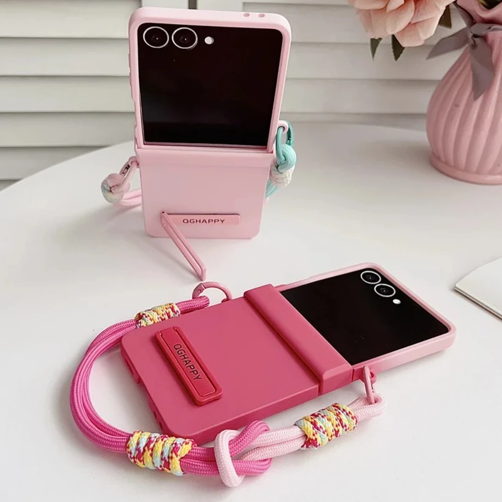Farbverlauf Candy Farbe Halterung Handgelenk Strap Telefon Fall Für Samsung Galaxy Z Flip 7 FE 6 5 4 3, Scharnier schutz Matte Hard Cover