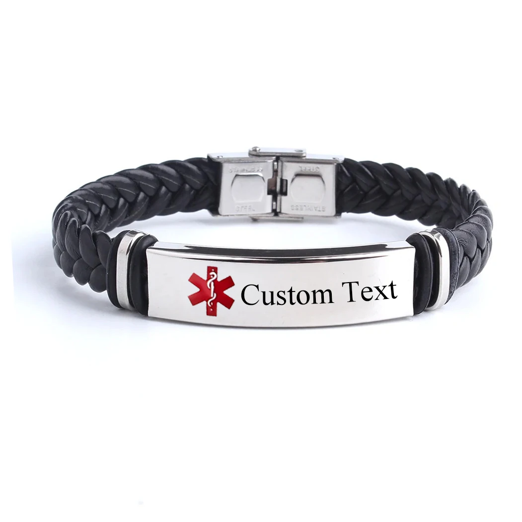 Personalized Medicine SOS Customized Text Weave Leather Bracelets Engrave logo Name Stainless Steel Bracelet For Women Men
