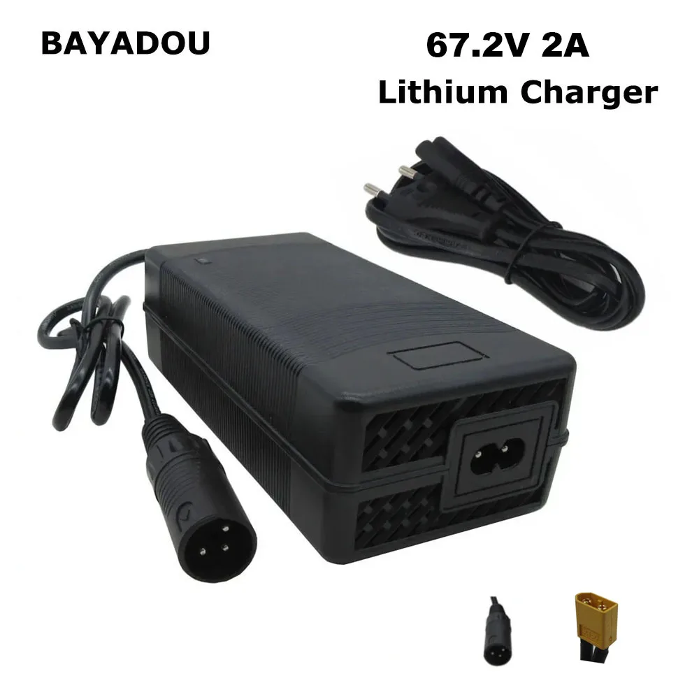 전기 자전거 스쿠터 오토바이 배터리용 리튬 이온 충전기, XT60 XLRM 플러그, 16S, 60 V, 67.2 V, 2A, 67.2 볼트 리튬 어댑터