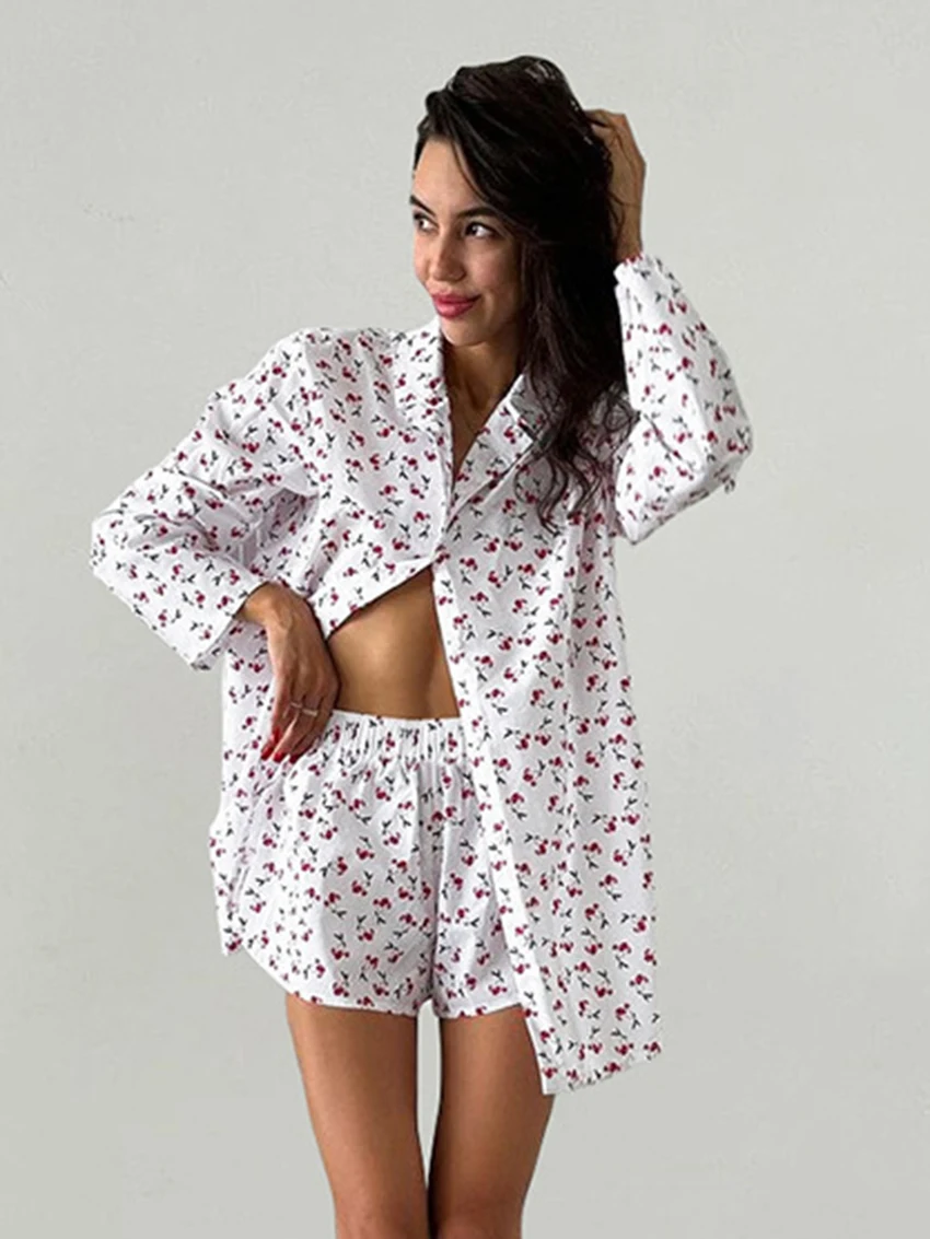 Marthaqiqi Causal Printing Women Sleepwear Set Long Sleeve Nightwear Sexy Turn-Down Collar Pajamas Shorts Spring Nightgowns Suit