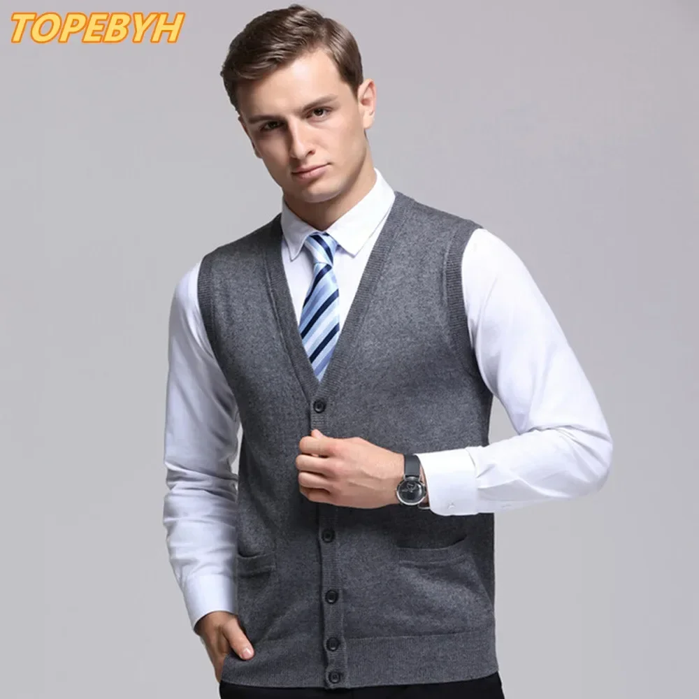 New Men's Business Casual Cardigan Wear Warm Sleeveless Wool Knitted Sweater Vest