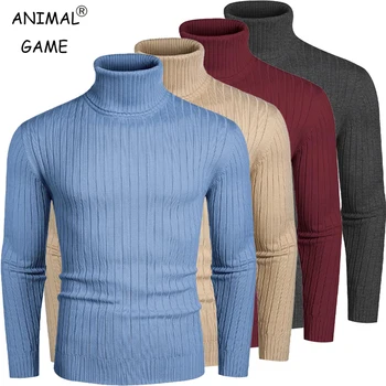Outdoor Men's Long Sleeve Turtle Neck Sweater Casual Turtleneck Pullover Sweaters Lightweight Striped Sweater Solid Ribbed Tops