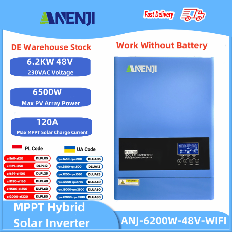 6.2KW 4KW Hybrid Solar Inverters 230V Pure Sine Wave Off Grid PV 60-500V MPPT 100A/120A Solar Charge Controller WIth WiFi