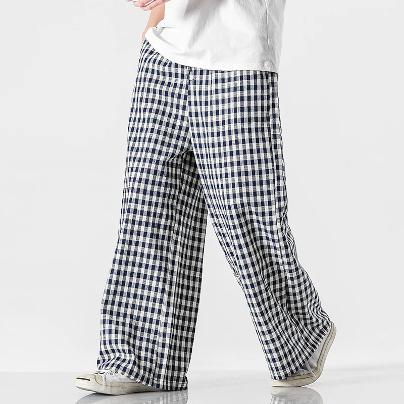 

Spring Summer Plaid Pants Men’s Harajuku Style Cotton Linen Loose Straight Casual Wide Leg Trousers Male Jogger Oversized 5XL