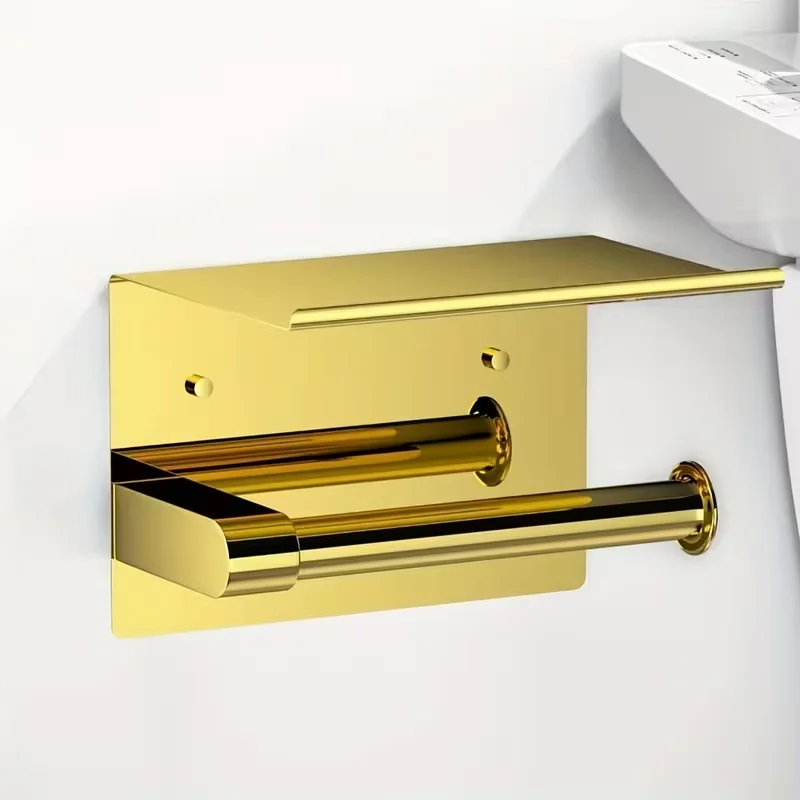 Luxurious Golden Toilet Paper Holder with Phone Shelf - 304 Stainless Steel, Polished Self-Adhesive Wall Mount, No-Drill Install