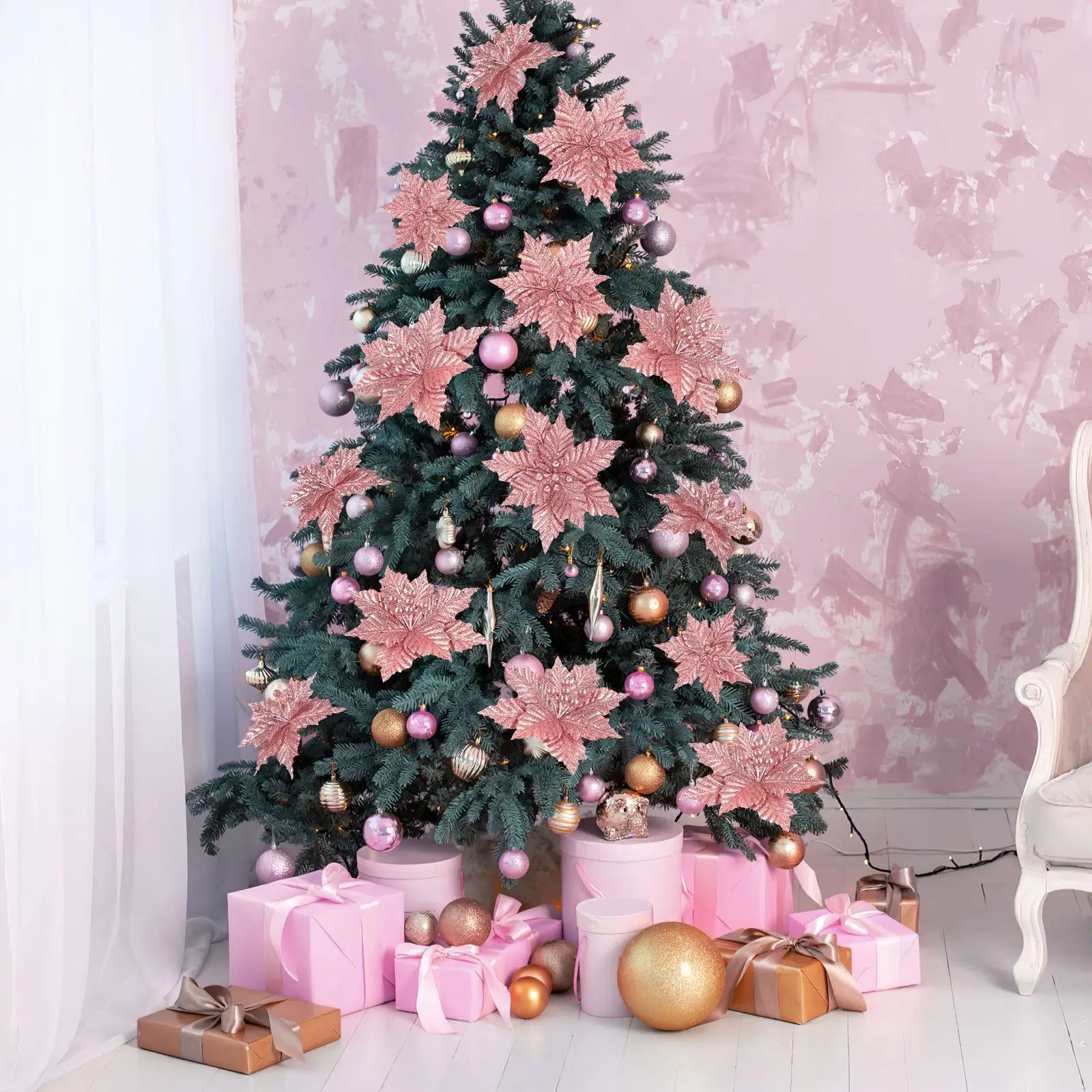

Glittering Golden Christmas Flowers with Clips for Tree Decoration and Festive Ornaments