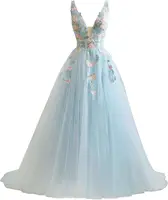 V Neck Tulle Prom Dresses 2025 Floral Embroidery Applique Ball Gown Quinceanera Dresses Party Dresses Luxury Dress 1