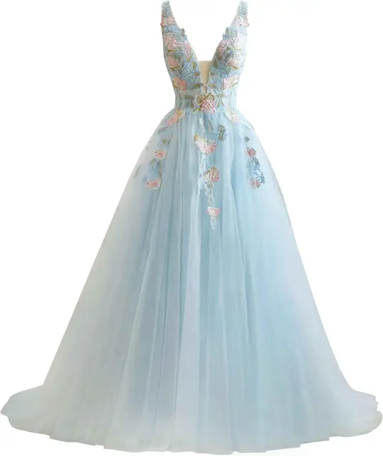 V Neck Tulle Prom Dresses 2025 Floral Embroidery Applique Ball Gown Quinceanera Dresses Party Dresses Luxury Dress 1