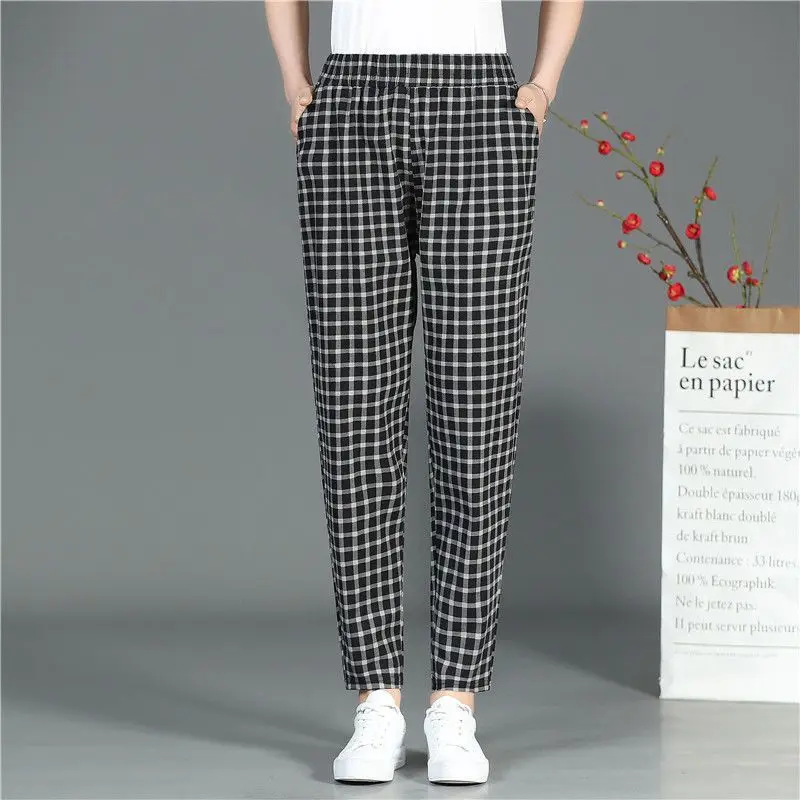 Fashion Elastic Pockets All-match Plaid High Waist Pants Women's Clothing 2024 Summer New Loose Commuter cropped pants