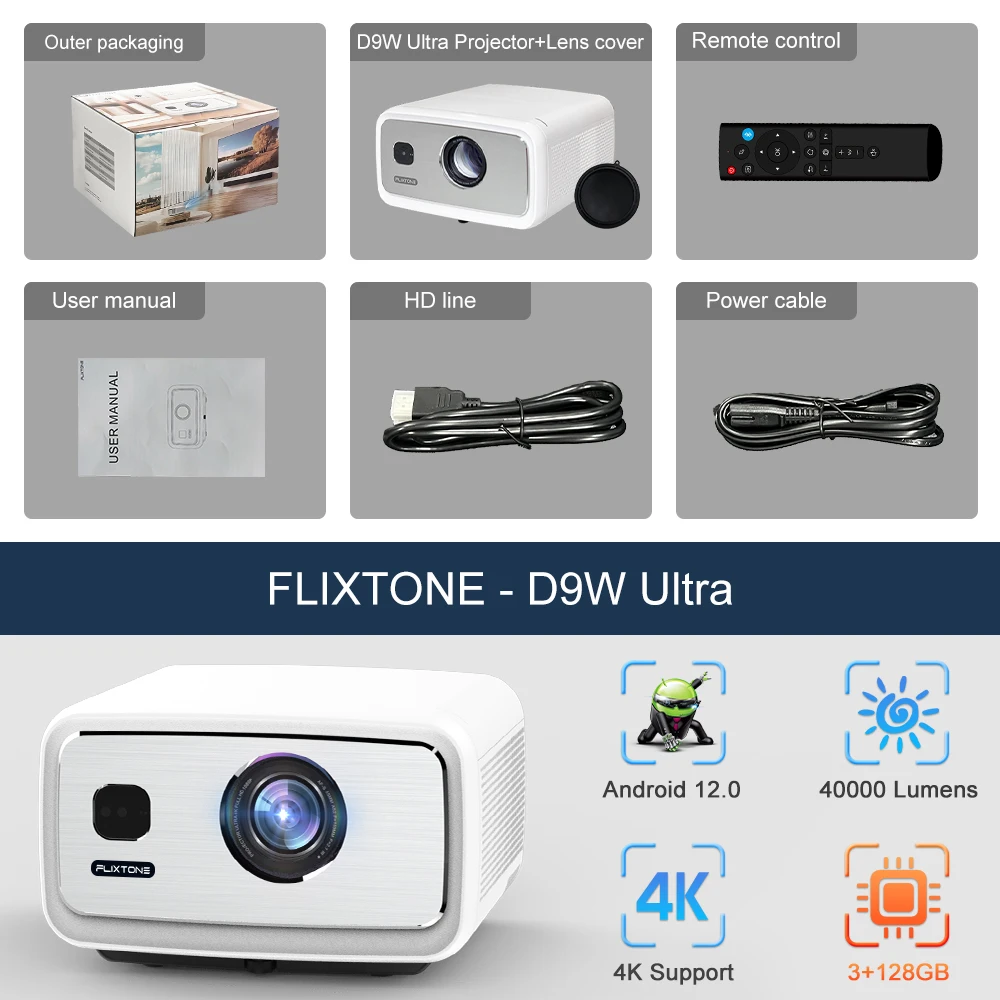 جهاز عرض FlixTone D9W Ultra Full HD 1080P 4K 3000...