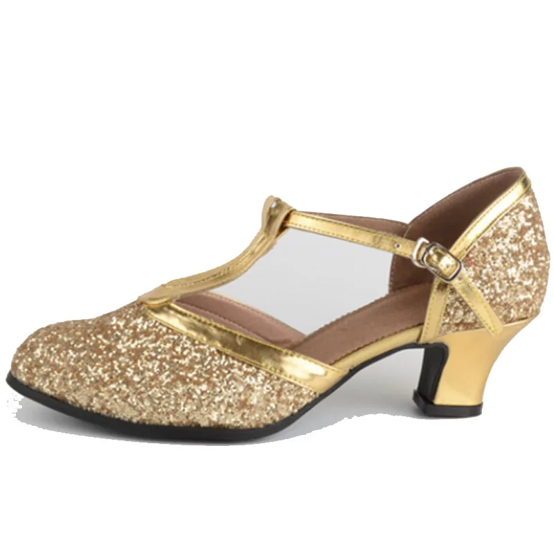 Modern Dance Shoes Women Ladies Sequin Glitter Closed Toe Tango Shoes T Strap Standard Waltz Ballroom Dancing Shoes Low Heels 4
