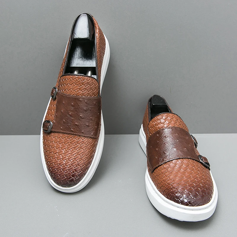 Men Casual Sneakers Woven Double Buckle Man Fashion Loafers Platform Slip On Business Party Dress Leather Shoes Breathable Male