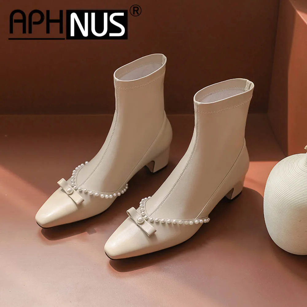 APHNUS-여성용 부츠 구슬 짧은 발목 부츠, 플랫 로우 미드 힐 펌프스, 여성용 신발, 2020 년 신상품