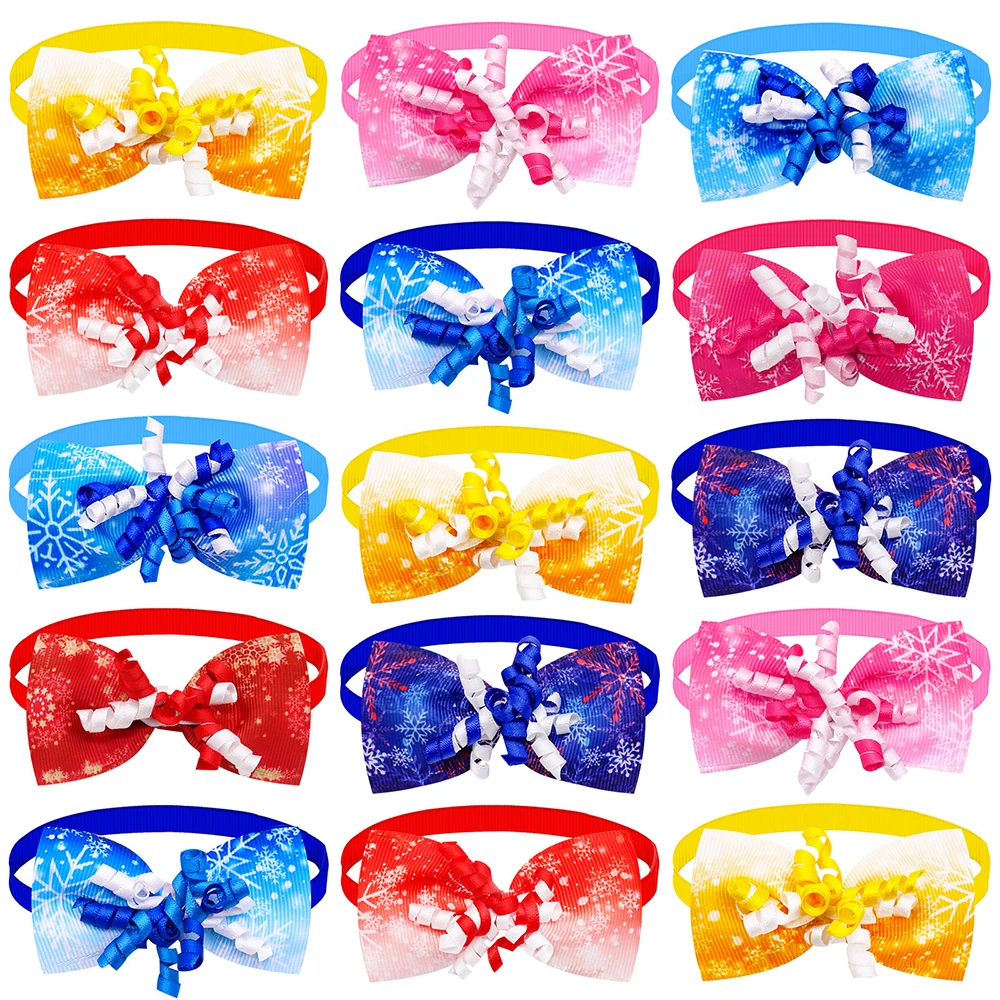 

50pcs Dog Bows Pet Bow Tie with Ribbon Winter Snowflake Adjustable Dog Collar Dog Bowknots for Small Dog Cat Items Dog Products
