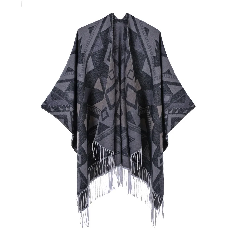 

2022 Women's Tassel Split Cape Double-sided Imitation Cashmere Like Thickened Warm Large Cloak Blanket Autumn Ponchos P6