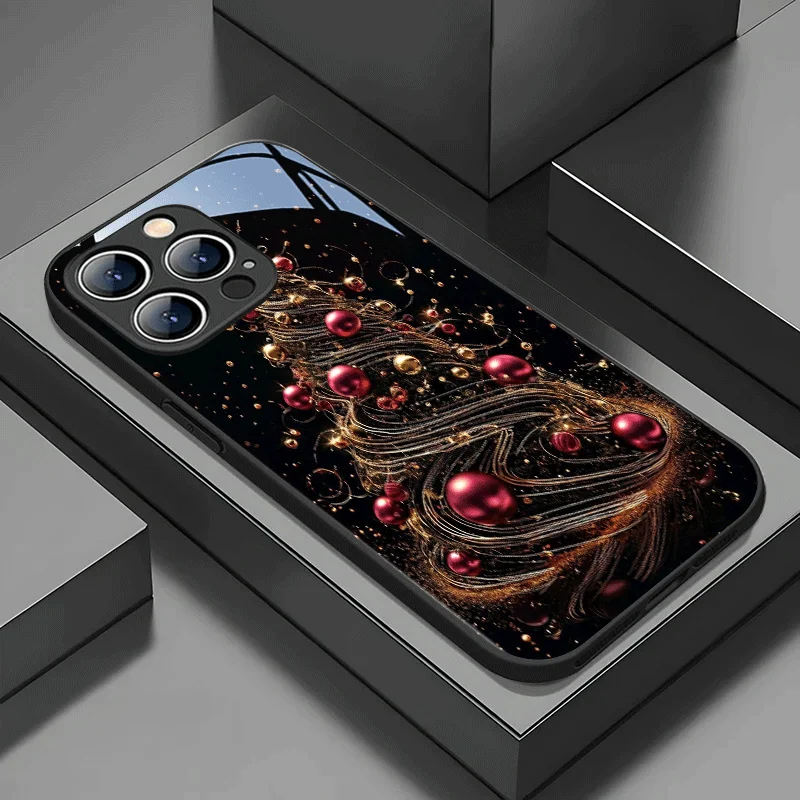 Black Tempered Glass Phone Case with Ornate Red and Golden Christmas Tree Design