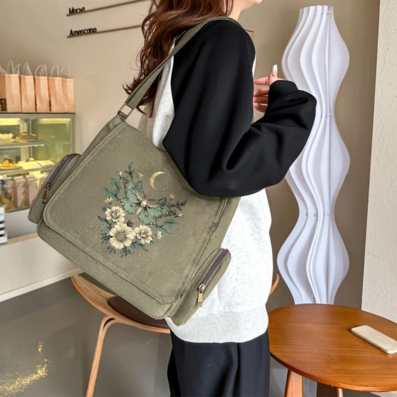 Women's Shoulder Bag Vintage Crossbody Bag Messenger Bag Canvas Moth Butterfly Print Large Capacity Pockets