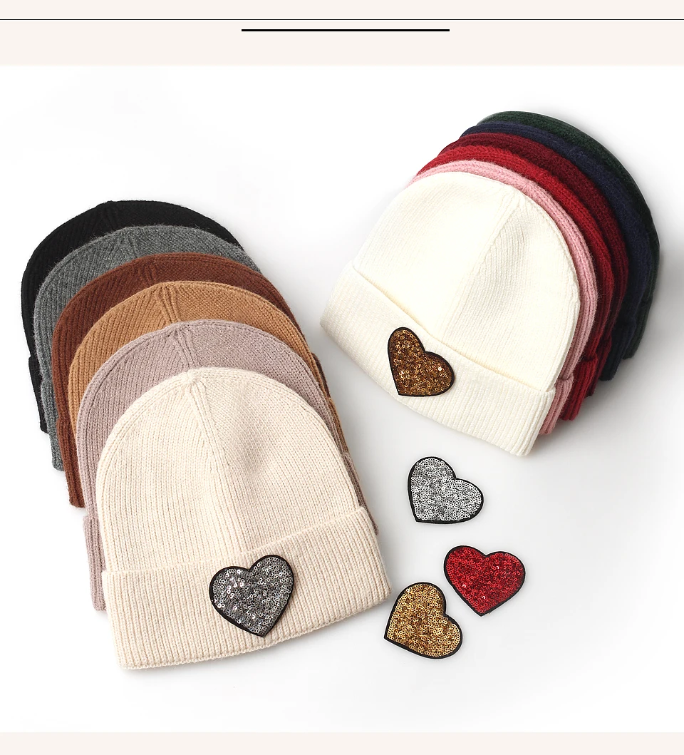 Mode Pailletten Herz gestrickt Winter Mütze für Frauen solide Herbst warm lässig Schädel Mützen weibliche weiche dicke gerollte Hüte – Detail 6