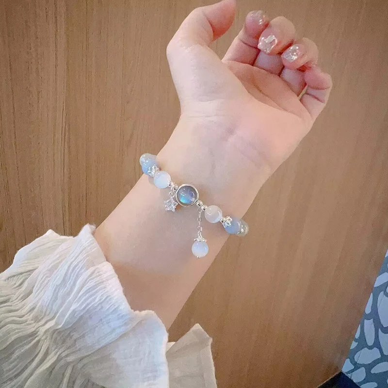 Opal Moonstone Pulseira Para As Mulheres, Pulseira De Cristal Natural, Pingente De Estrela Bonito, Artesanal Frisado Jóias Da Amizade