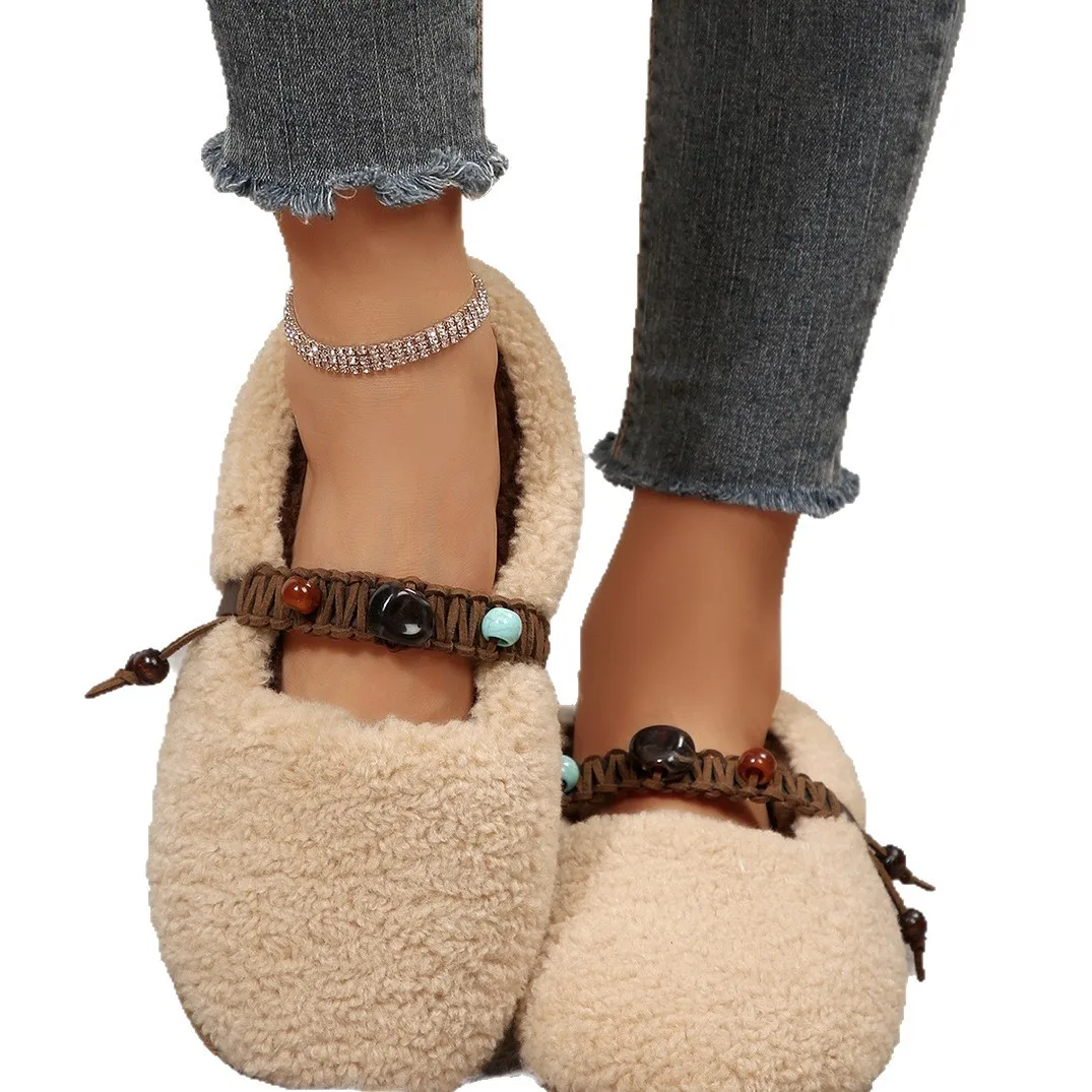 Soft Mink Fur Flats Women Beading Belt Mary Janes Winter Fluffy Shoes Ladies Warm Cotton Loafers Slip on Furry Mocasines Mujer