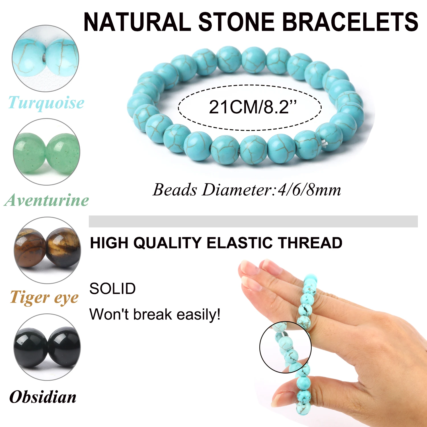 6/8/10mm Stone Bracelet Yoga Healing Round Bead Elastic Stretch Beads  Bracelet