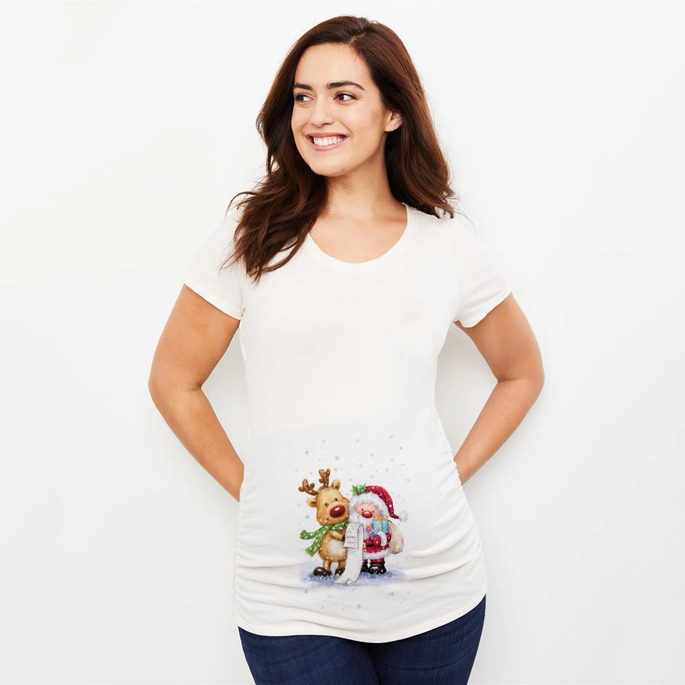 Merry Christmas Cartoon Print Maternity T-shirt Xmas Casual Pregnant Women Reindeer Graphic T Shirt Pregnancy Announcement Tees