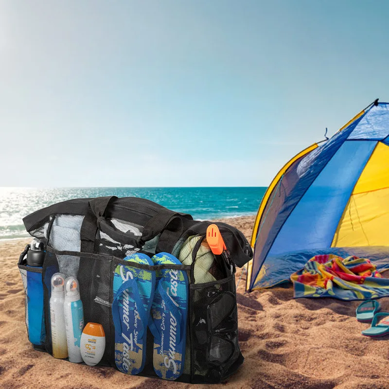 Grand sac plage léger étanche pliable avec poches filet sangles réglables épaule