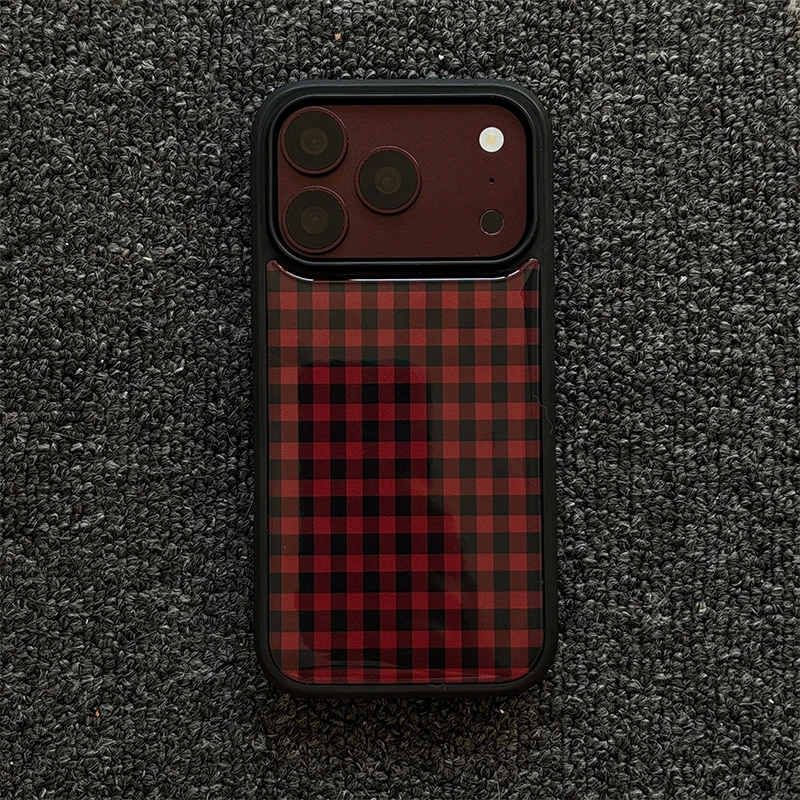 Korean Inspired Red and Black Grid Pattern Phone Case with Black Border Drip Glue Design