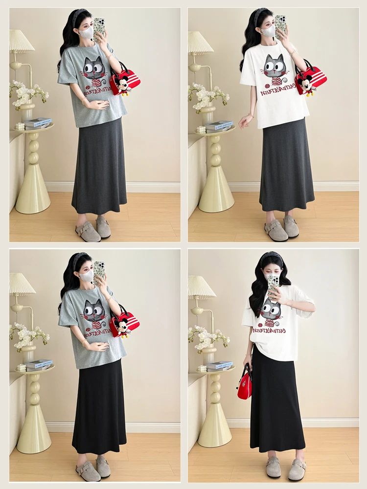 여름 임부복 레이지 스타일 루즈핏 반팔 티셔츠 미니스커트 투피스 세트 편안하고 통기성 좋은 면 소재 한국 버전