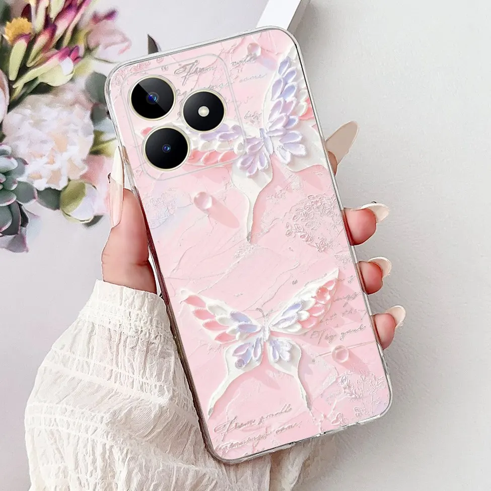 Clear Cute Cat & Butterfly Design Phone Case with Flower Accents - Stylish Protective Back Cover