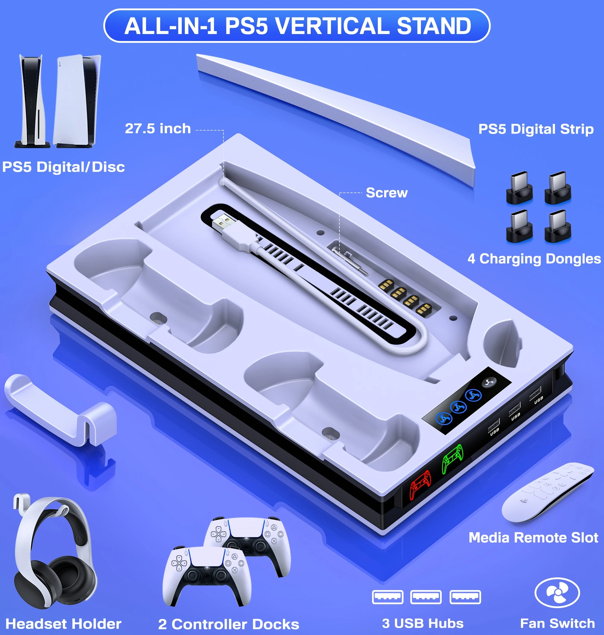 Vertical Stand with Headset Holder and Cooling Fan Base for PS5 Console &  Playstation 5 Accessories, 1 Headphone Stand, 2 Controller Chargers, 15  Game