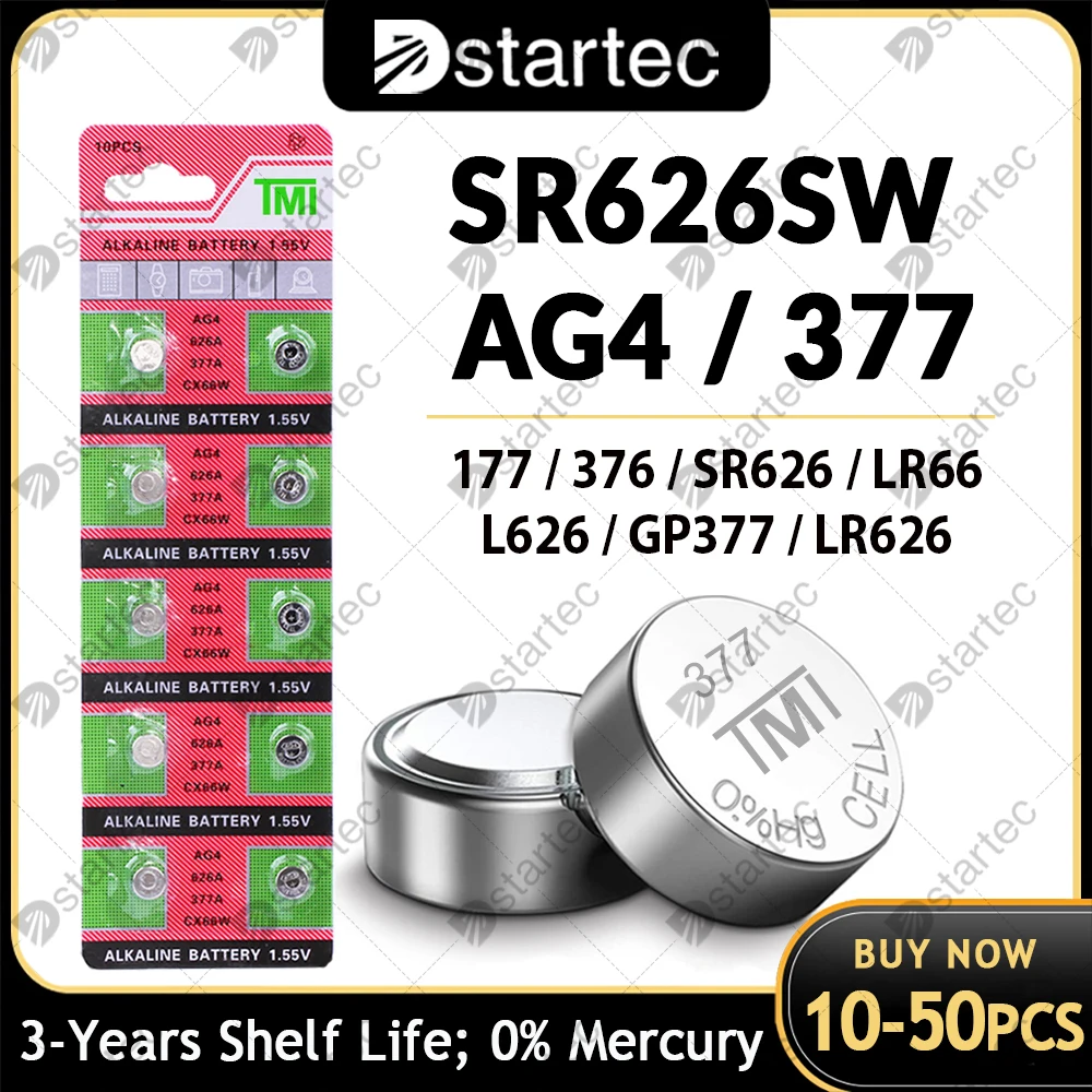 

10PCS-50PCS 1.55V AG4 377 Button Batteries SR626SW SR626 Cell Coin Alkaline Battery 177 376 626A LR66 LR626 For Watch Toys Clock
