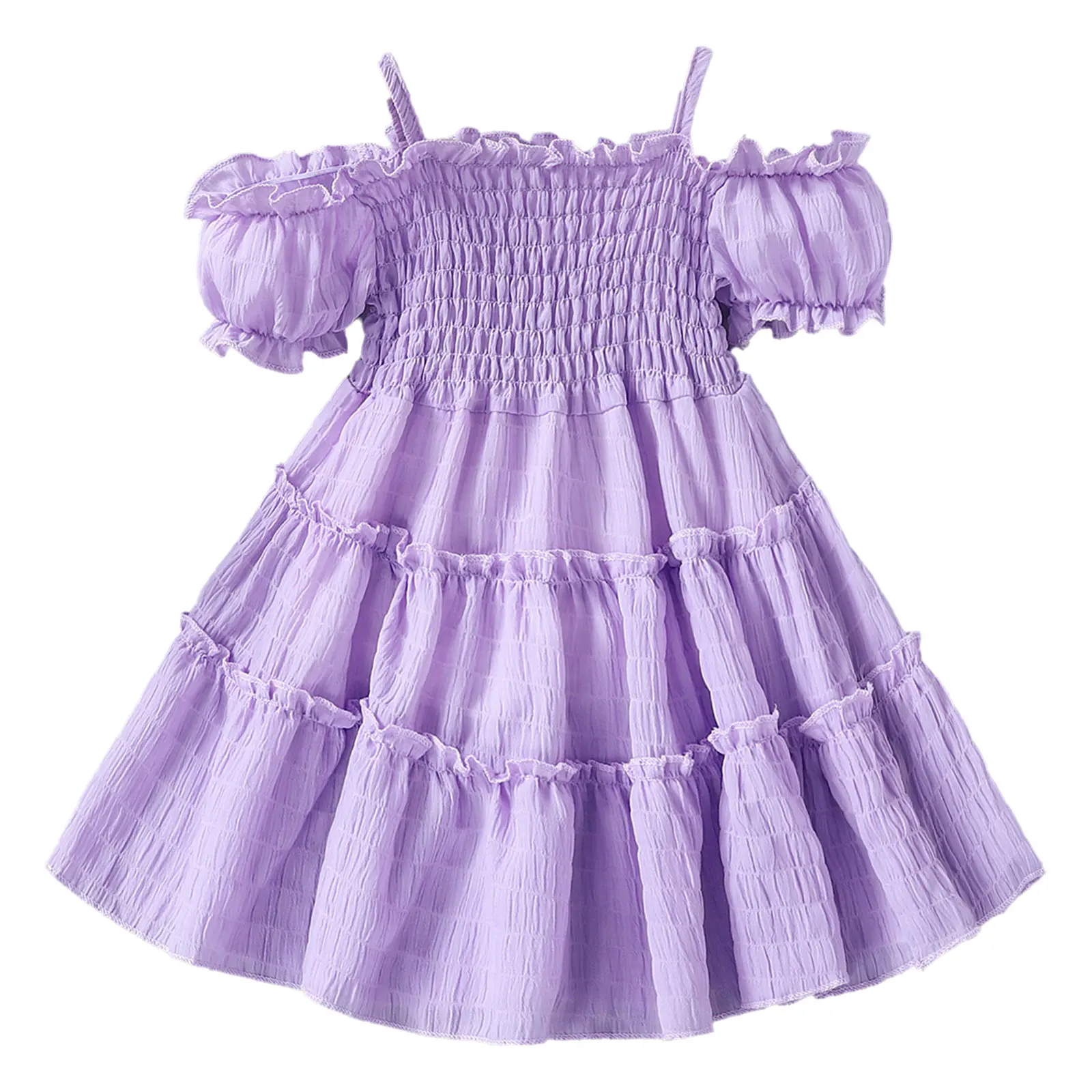 

Toddler Girl Summer Off Shoulder Spaghetti Strap Cami Smocked Dress A-line Dress Bubble Sleeve Ruffle Dress Kids Princess Dress