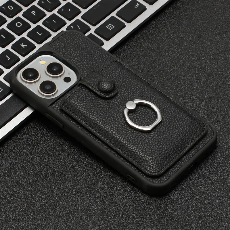 Leather Phone Case with Card Slots and Metal Ring Holder - Wallet Back Cover