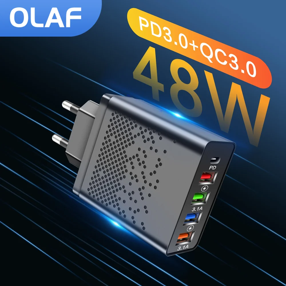 Olaf PD 48W USB Charger Multiple Ports QC 3.0 Fast Phone Wall Charger Adapter For iPhone 13 12