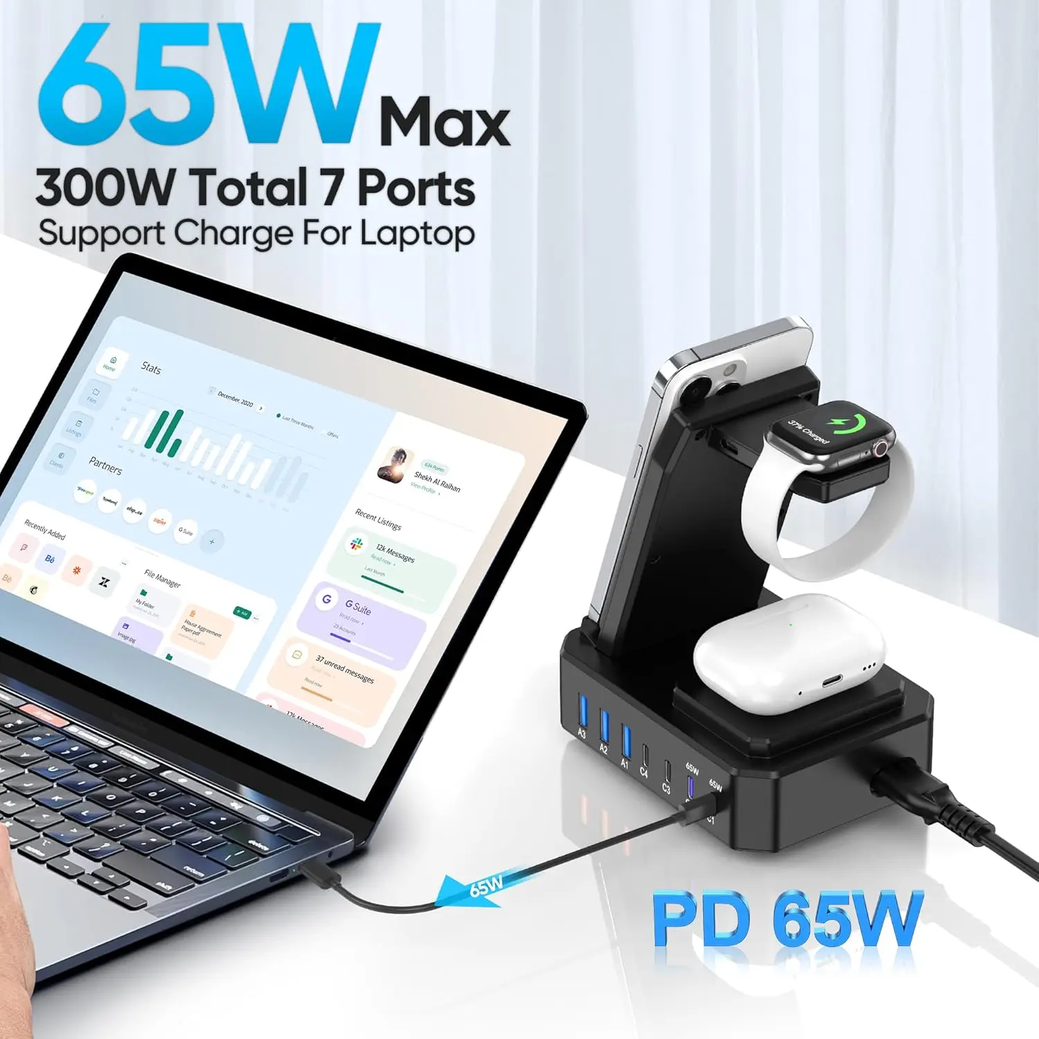 300W GaN III USB-C 65W PD Fast Charging Station, 10-in-1 Wireless Charger Dock for iPhone, MacBook, iWatch & Airpods 2