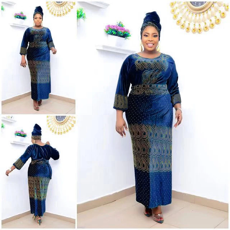 

Plus Size Velvet Dress Dashiki African Clothes For Women 3 Pieces Set Top Skirt With Headtie Ladies Long Maxi Party Dresses Robe