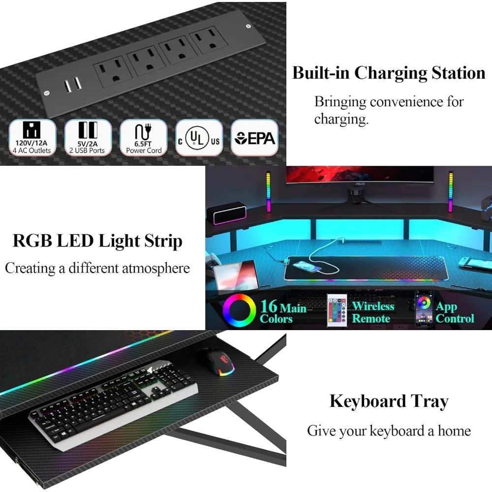 72" Gaming Desk with Power Outlet & Led Strip, Large Wing-Shaped Computer Desk W Monitor Stand 3