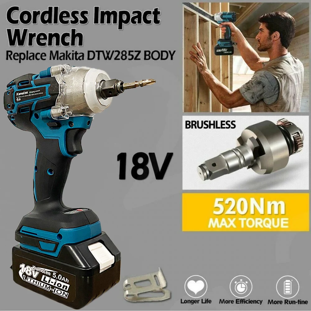 Kamolee 520n.m Brushless Cordless Electric Impact Wrench Dtw285 Function Power Tools Compatible With 18v Makita Battery - Electric Wrench - AliExpress