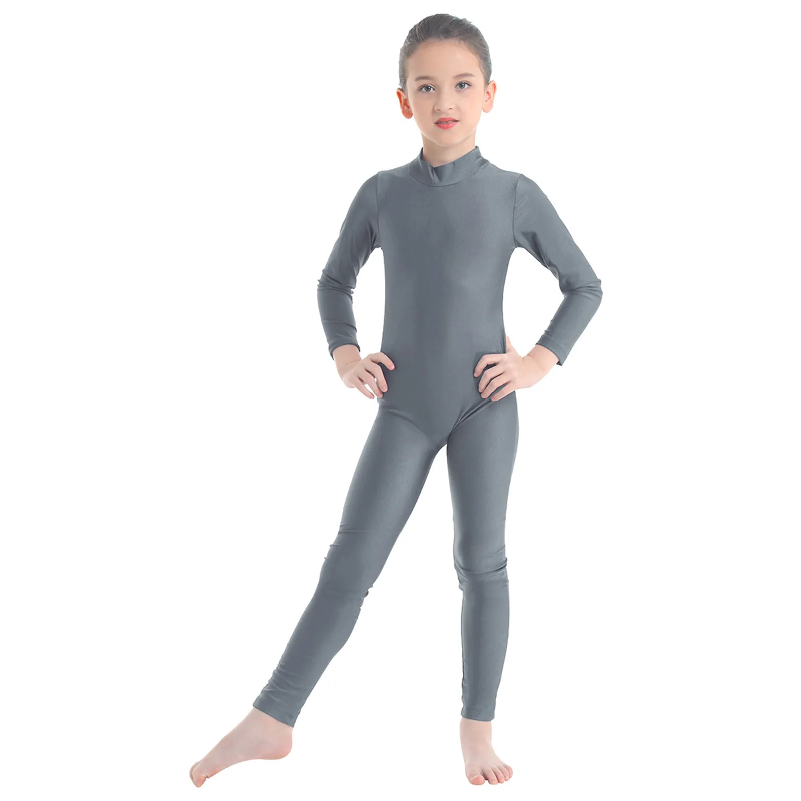 Kids Long Sleeves Gymnastics Jumpsuit For Girls Slim Fit Dancewear Dance Bodysuit Zippered Mock Neck Ballet Leotard Unitard