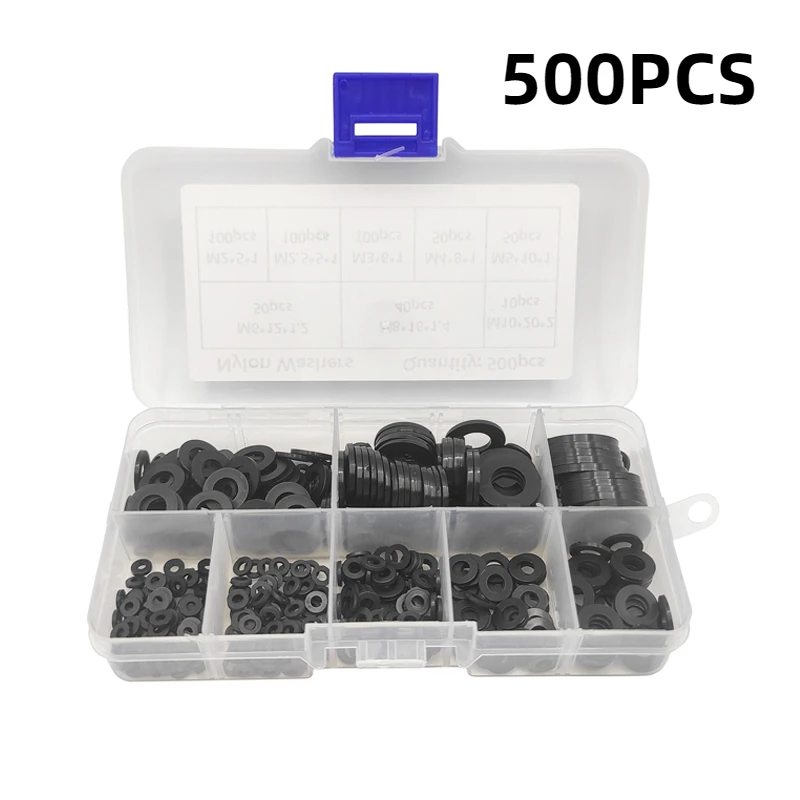 

500Pcs/Box M2 M2.5 M3 M4 M5 M6 M8 M10 Black Plastic Nylon Washer Flat Spacer Washer Seals Gasket O Ring Assortment Kit