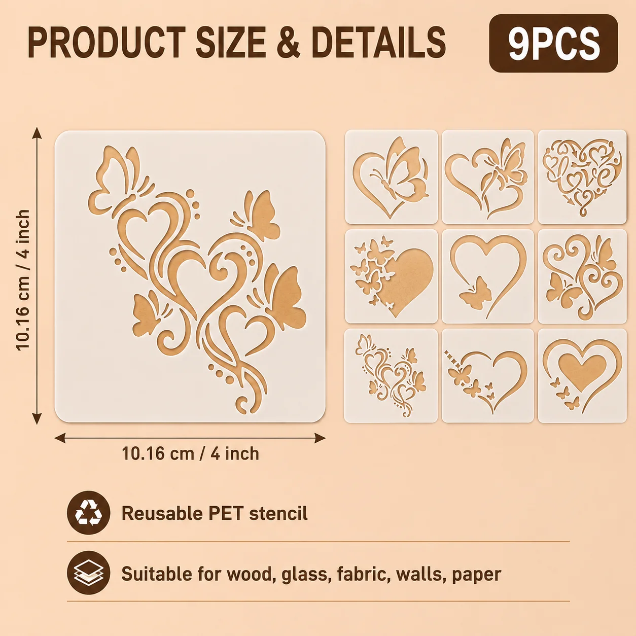 9Pcs 4x4in 하트 나비 스텐실 재사용 가능한 PET 스텐실 그림 그리기 DIY 러브 카드 공예 템플릿 벽 나무 직물 장식
