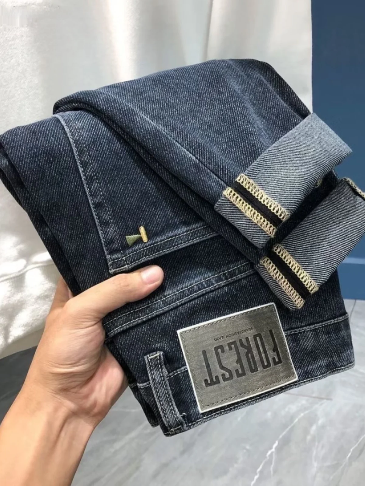 Men's Fce Lined Straight Leg Jeans Elastic Slim Fit Casual Long Pants Winter Warm Faionable Youth Sle mid Waist Zipper