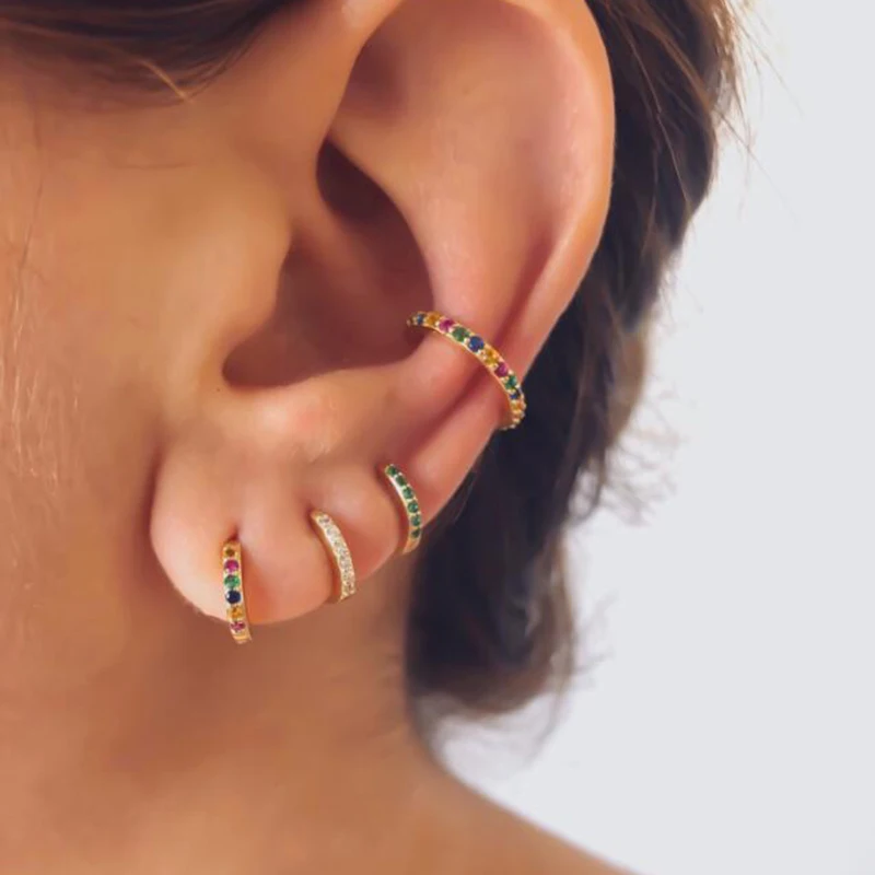 925 Silver Needle Crystal 9mm Small Hoop Earrings for Women Minimal Huggie Earrings Colorful Zircon Piercing Earrings Jewelry