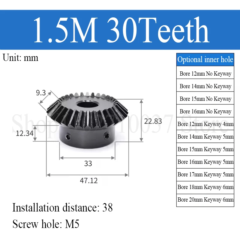 1:1 Bevel Gear 1.5M 16/20/25/30 Teeth 45# Steel 90 Degree Meshing Angle Steel Gear Screw Hole M5 Bore 6/8/10/12/14/15/16mm 1PC